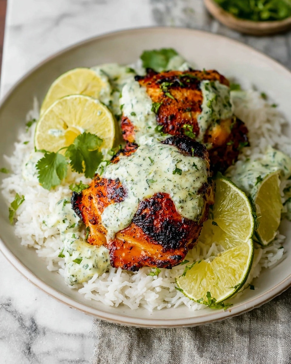 The dish shows eight pieces of grilled chicken with a golden brown and slightly charred surface, placed in a black pan. Each piece of chicken is topped with a light green herb sauce with small dark green bits, and fresh green cilantro leaves are scattered around and under the chicken. There are also thin slices of lime placed between the chicken pieces, adding a touch of pale green and white. The pan rests on a light gray textured cloth over a white marbled surface. The overall look is warm and fresh with rich textures and colors. photo taken with an iphone --ar 4:5 --v 7