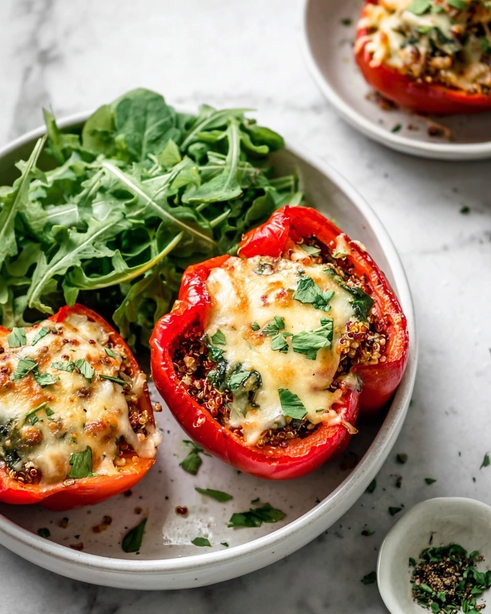 The image shows a white baking dish filled with halved red bell peppers standing upright. Each bell pepper is stuffed with a mixture of brown grains, vegetables, and small dark pieces, topped with melted yellow and white cheese that has a slightly browned texture. Green herbs are sprinkled on top for garnish. The baking dish is placed on a white marbled surface with some small scattered herbs around it, adding detail to the scene. photo taken with an iphone --ar 4:5 --v 7