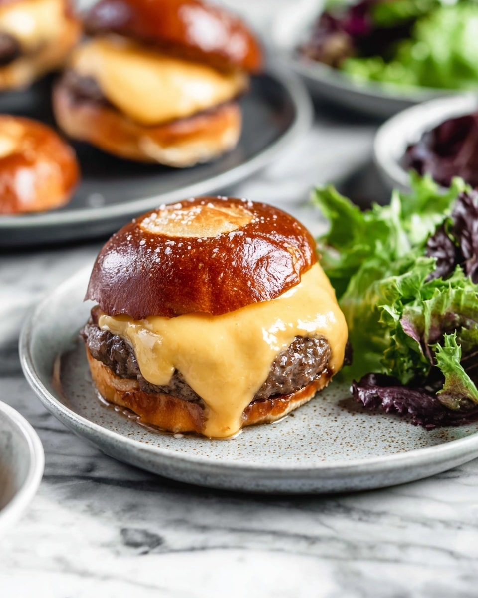 A white plate holds an open burger with three layers: a bottom bun base in light brown with a shiny texture, a thick brown beef patty on top, and a layer of melted yellow cheese covering the patty, dripping slightly over the edges. Behind the burger’s bottom, the top bun with coarse salt is placed, showing a glossy dark brown surface with a light spot in the middle. On the right side of the plate, fresh leafy greens in various shades of green and purple add color and texture. The plate rests on a white marbled surface, and blurred plates with similar buns and greens appear in the background. Photo taken with an iphone --ar 4:5 --v 7