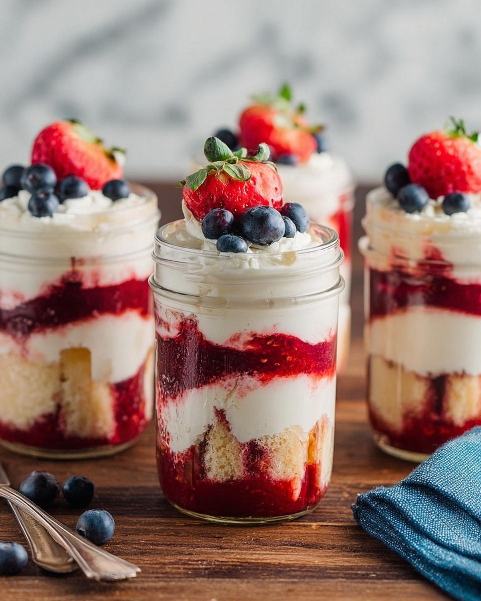 The image shows four clear glass jars filled with a dessert made of several layers. The bottom layer is a bright red fruit sauce with small bits of cake. Above it is a thick white cream layer, followed by another layer of the red fruit sauce mixed with more cake pieces. Then comes a second white cream layer topped with fresh berries: blueberries and a half strawberry on each jar. The jars are on a wooden table, with a white marbled surface visible in the background, and a blue cloth on the side. Photo taken with an iphone --ar 4:5 --v 7
