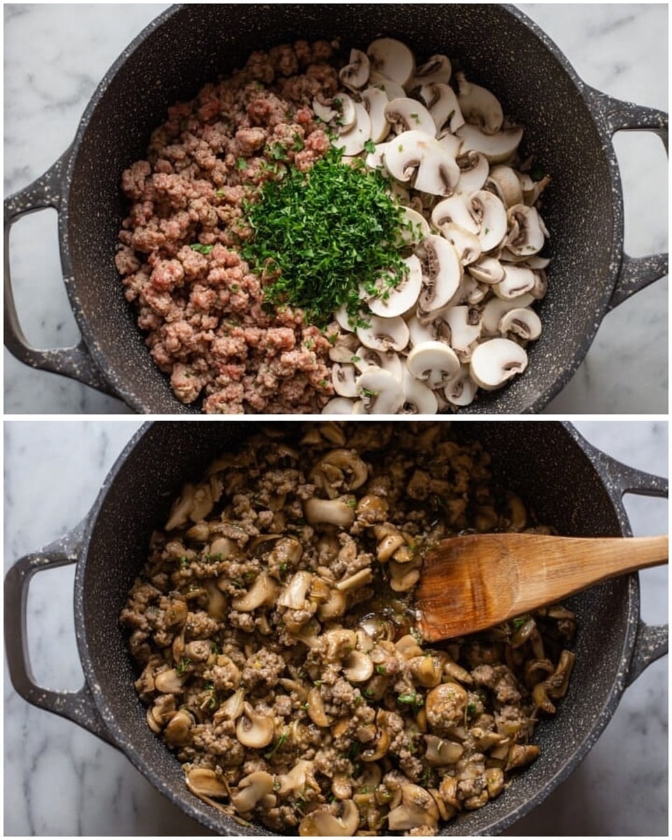 The image shows two overhead shots of a dark speckled large pot on a white marbled surface. The top shot displays raw ground meat covering the bottom half of the pot, topped with sliced white mushrooms and chopped green herbs centered on top. The bottom shot reveals cooked browned ground meat mixed evenly with softened mushroom pieces, with a wooden spoon resting diagonally inside the pot on the right side. Photo taken with an iphone --ar 4:5 --v 7