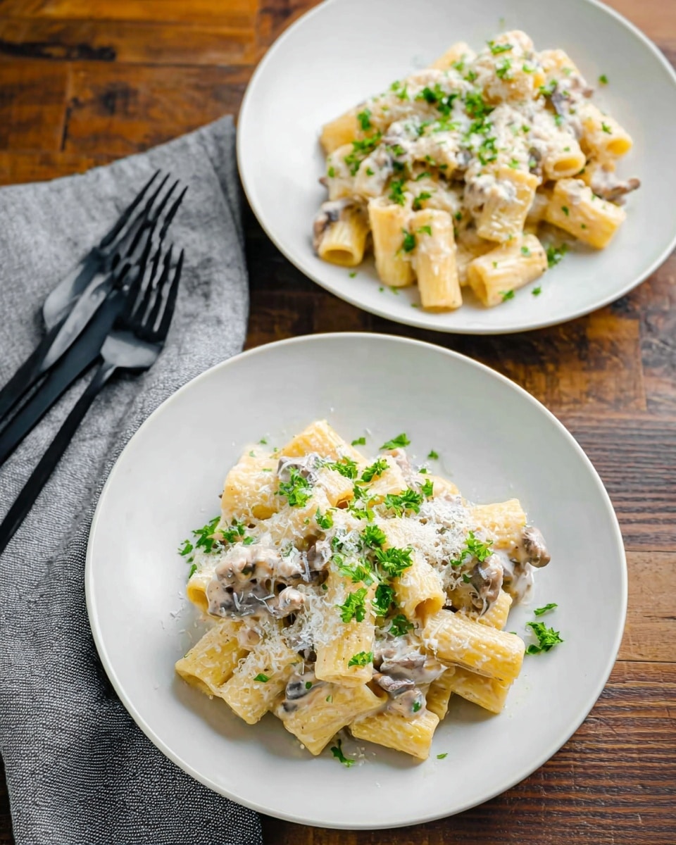 A white bowl filled with rigatoni pasta layered with small pieces of light brown sausage and sliced mushrooms, all coated in a creamy beige sauce. The pasta is topped with finely grated white cheese and bright green chopped parsley, adding a fresh pop of color. Steam rises gently from the warm dish. In the background, another similar bowl is slightly blurred, and the bowls rest on a dark cloth over a white marbled surface. A black fork lies next to the main bowl photo taken with an iphone --ar 4:5 --v 7