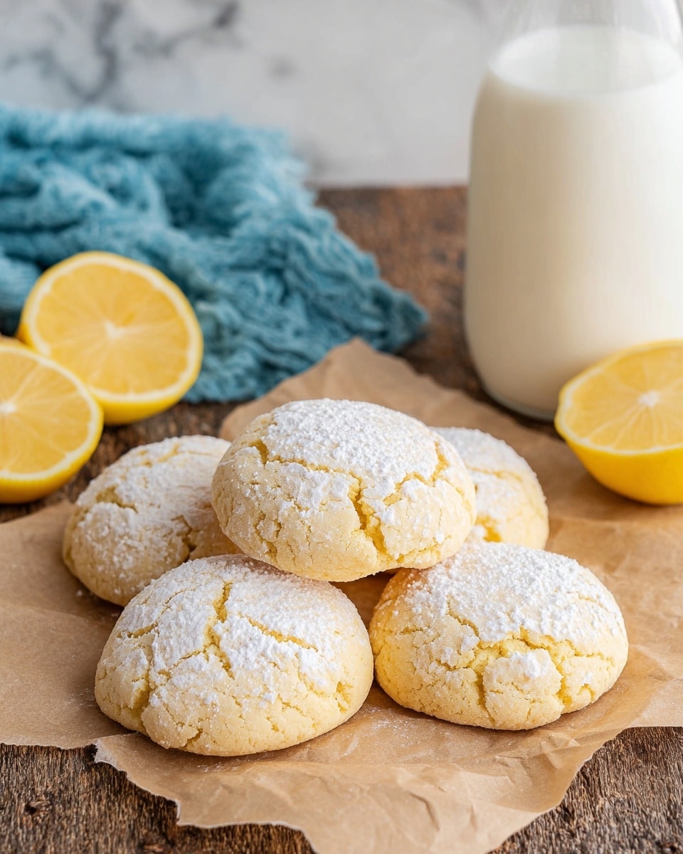 Five soft lemon cookies are placed close together on crumpled brown parchment paper resting on a rough wooden surface. Each cookie is light golden-yellow with small cracks on the surface and dusted generously with white powdered sugar, giving them a soft, powdery look. Behind the cookies, there is a white bottle filled with milk on the right and two lemon halves, showing their bright yellow flesh, on the left on top of a crumpled blue cloth. The whole scene is set on a white marbled texture background, creating a clean and fresh atmosphere. photo taken with an iphone --ar 4:5 --v 7