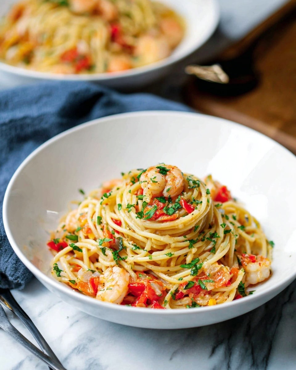Two white plates hold servings of pasta with seafood, placed on a white marbled surface. Each plate has a nest of light yellow spaghetti mixed with small shrimp, white fish pieces, and chopped tomatoes, all speckled with green herbs. The seafood and pasta layers are tangled together, with bits of red and white from the seafood and tomatoes scattered throughout. To the right, a silver skillet contains the remaining pasta and seafood mix, showing chunks of seafood, vibrant red and yellow bell peppers, and herbs, all coated in a light sauce. A black fork and spoon rest on a blue cloth near the top left of the image. Photo taken with an iphone --ar 4:5 --v 7