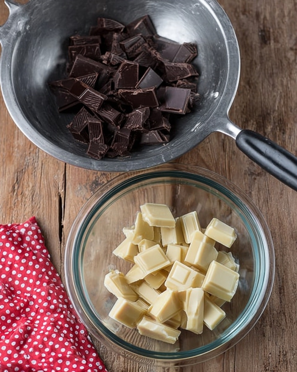 The image shows two clear glass bowls placed on a wooden surface. The top bowl contains broken pieces of dark chocolate, which are deep brown and have a smooth, shiny texture. Below it, the larger bowl holds pieces of white chocolate with a pale, creamy color and a slightly matte finish. The bowls are empty except for the chocolates, and a red and white polka dot cloth is partially visible in the bottom left corner. photo taken with an iphone --ar 4:5 --v 7