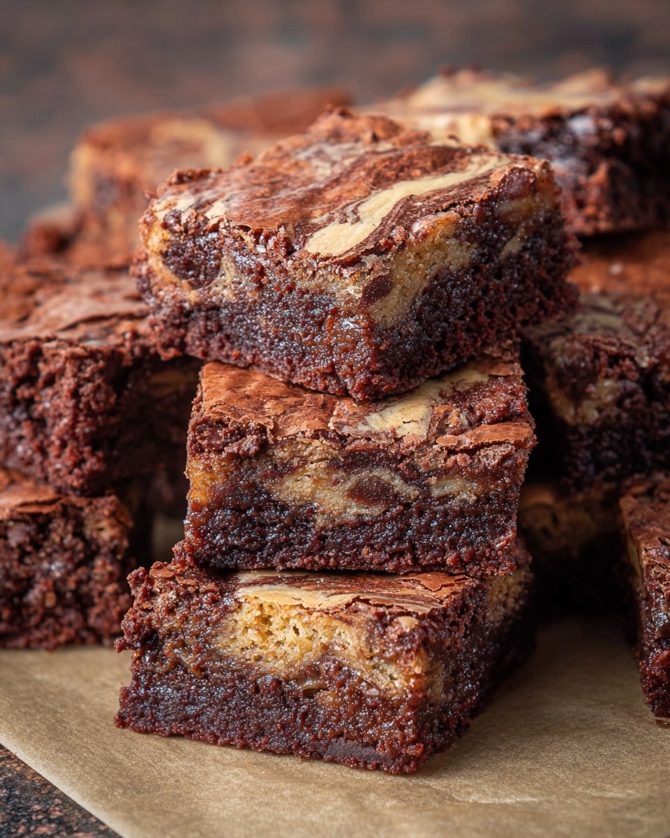 This image shows a close-up pile of square brownies stacked unevenly on a piece of light brown parchment paper. Each brownie has two main layers: the top layer is thin, cracked, and glossy with a deep brown color, while the bottom layer is thicker, moist, and includes swirls of light tan batter mixed with the dark brown chocolate. The texture looks soft and slightly crumbly around the edges, with some parts showing a glossy finish. The setting includes a blurred background and the brownies are the clear focus. photo taken with an iphone --ar 4:5 --v 7