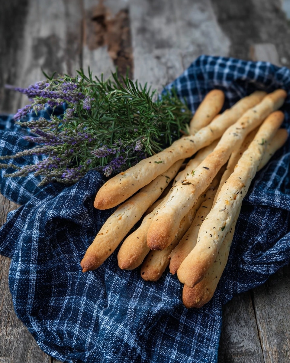 Several long, thin breadsticks lie on a crumpled navy blue and white checkered cloth. The breadsticks are golden brown with some spots darker than others, showing a toasted texture, sprinkled lightly with small herbs. Behind the breadsticks, there is a small bunch of fresh green rosemary and purple flowers. The cloth and breadsticks rest on a rough wooden surface. Photo taken with an iphone --ar 4:5 --v 7