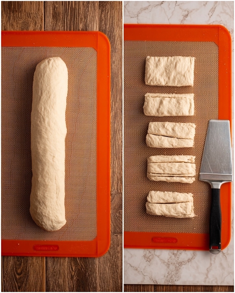 The left side of the image shows one long, smooth, pale beige dough log placed on an orange silicone baking mat with a textured surface, all set on a wooden table with a natural brown grain. The right side of the image shows the same orange silicone baking mat and wooden table, but the dough log is divided into seven rough rectangular dough pieces arranged in two columns, with the pieces on the left being slightly larger. A metal dough scraper with a black handle rests diagonally near the top right corner of the silicone mat. The background is a white marbled texture. photo taken with an iphone --ar 4:5 --v 7