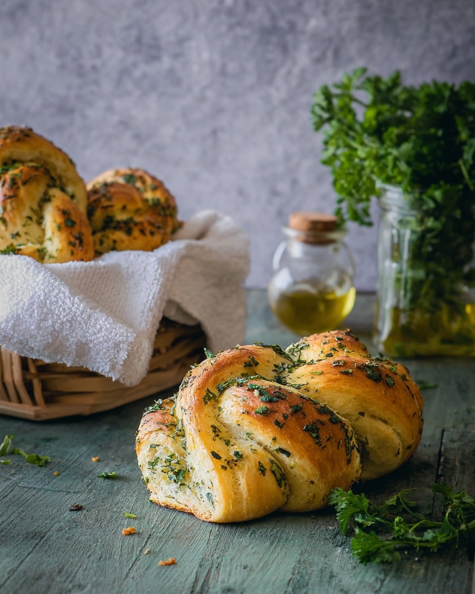 Several golden brown breads with a soft, fluffy texture are stacked inside a round basket lined with beige cloth. Each bread has a twisted shape, sprinkled with finely chopped green herbs and small bits of garlic on the surface. The basket has vertical wooden slats and sits on a white marbled texture. Some green leaves are visible around the basket at the edges. photo taken with an iphone --ar 4:5 --v 7