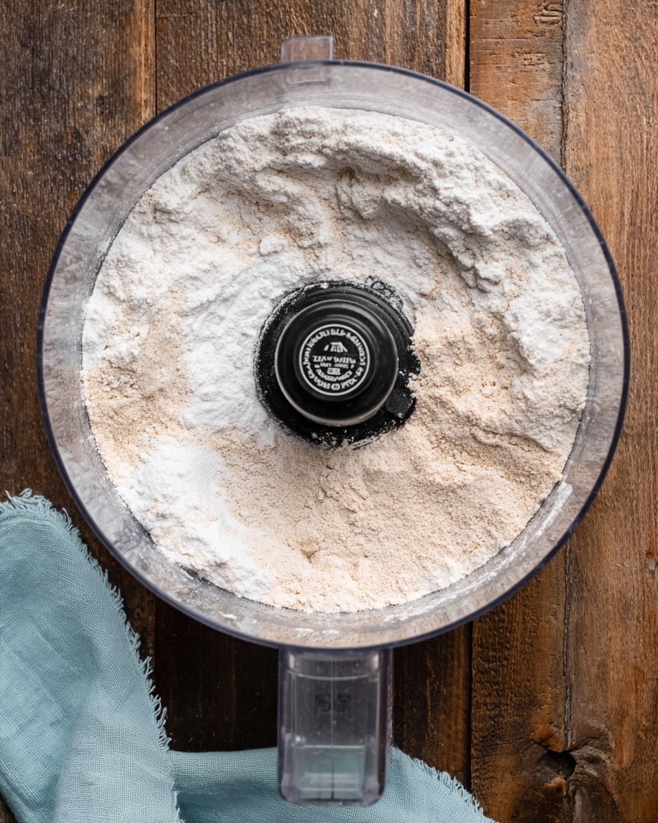 A clear food processor bowl is seen from above, holding several dry ingredients loosely layered and spread inside. The ingredients include white flour, light brown yeast granules scattered unevenly, and some clumps of white powder layered on top and mixed lightly. The bowl's black center blade is visible in the middle, resting just below the surface of the dry contents. The bowl sits on a rustic wooden surface with a folded light blue cloth partially visible at the bottom left corner. photo taken with an iphone --ar 4:5 --v 7