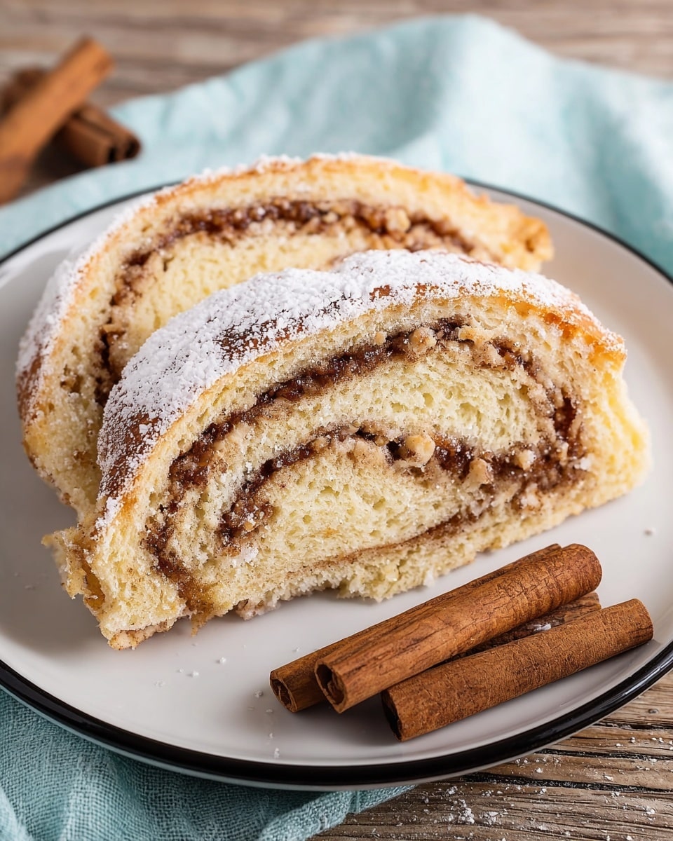 The image shows a loaf of light golden bread, sliced into four thick pieces and laid flat on a wooden board. Each slice reveals a soft, airy texture with a swirl of cinnamon and small nut pieces running through the center, creating a spiral pattern inside the bread. The top of the loaf is dusted with a fine layer of white powdered sugar, adding a soft contrast to the warm bread tones. Some powdered sugar is also scattered around the board, enhancing the cozy homemade feel. The background has a white marbled texture. photo taken with an iphone --ar 4:5 --v 7