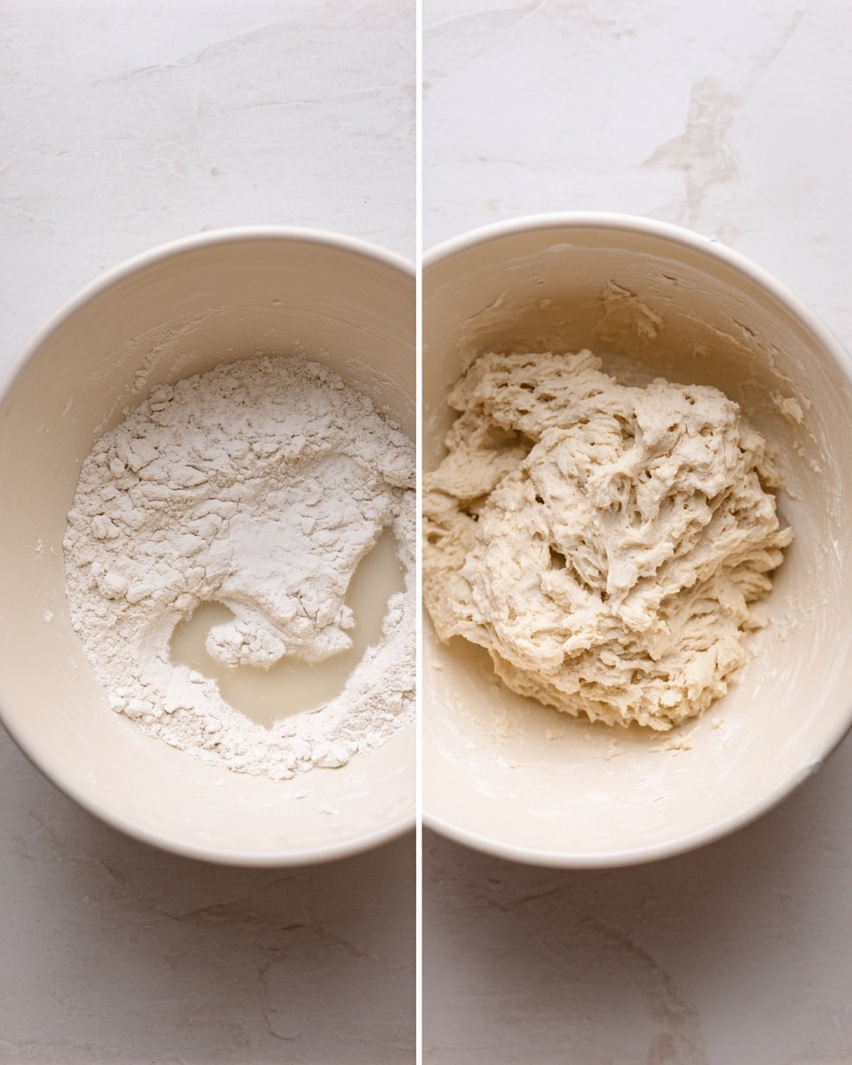 Two side-by-side images show the process of mixing dough in a white bowl placed on a white marbled surface. The left image shows the bowl filled with a mix of white flour and clear water, with the flour mostly sitting on top and some parts sinking, creating a rough, powdery texture on the surface. The right image shows the dough after being mixed, with a rough, sticky texture and clumpy white dough spread unevenly inside the bowl. photo taken with an iphone --ar 4:5 --v 7