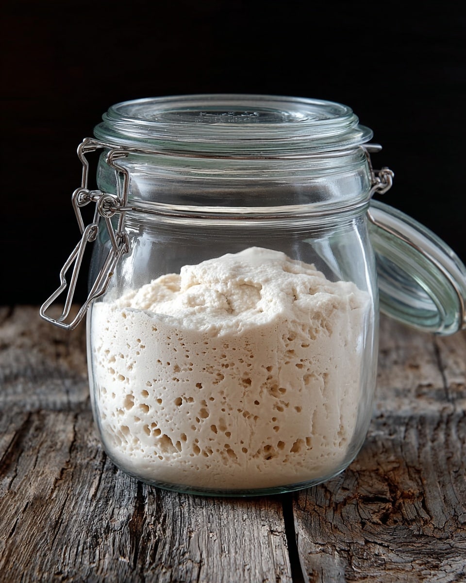 A clear glass jar filled with bubbly, light beige sourdough starter that has a thick, frothy texture on top and many small and medium holes throughout the dough. The jar has a metal latch and is placed on a white marbled surface. photo taken with an iphone --ar 4:5 --v 7