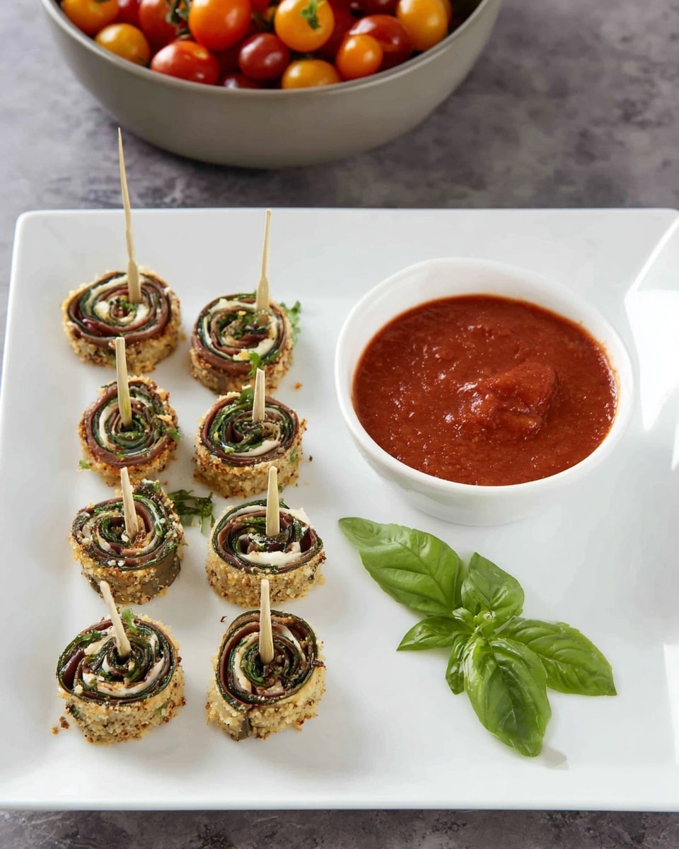 A white square plate holds eight small pinwheel bites arranged in two columns of four on the left side. Each pinwheel has three visible layers: a green outer vegetable layer, a darker inner layer of meat, and a light-colored filling, all rolled together and held by a toothpick with a crumbly coating on the outside. On the right side of the plate, there is a small white round bowl filled with smooth red marinara sauce, and a fresh green basil leaf decoration is placed just above the bowl. In the background, a gray bowl contains many small red and orange cherry tomatoes with some basil leaves on top, resting on a white marbled surface. photo taken with an iphone --ar 4:5 --v 7
