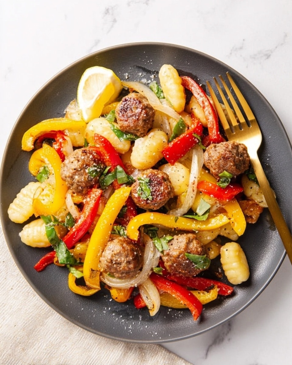 The image shows two black plates on a white marbled surface, each plate filled with a colorful mix of food. The base layer is light yellow gnocchi, soft and rounded. On top of this are brown meatballs, scattered across the plates. Bright strips of red, yellow, and green bell peppers lay on and around the gnocchi and meatballs, adding vibrant color and texture. Green herbs are sprinkled lightly over the food for freshness. Each plate has a wedge of lemon resting at the edge. A gold fork is placed on the left side of the bottom plate and at the right side of the top plate. Behind the plates is a small white bowl with a white spoon, filled with grated cheese, and a small white bowl with lemon wedges. Photo taken with an iphone --ar 4:5 --v 7