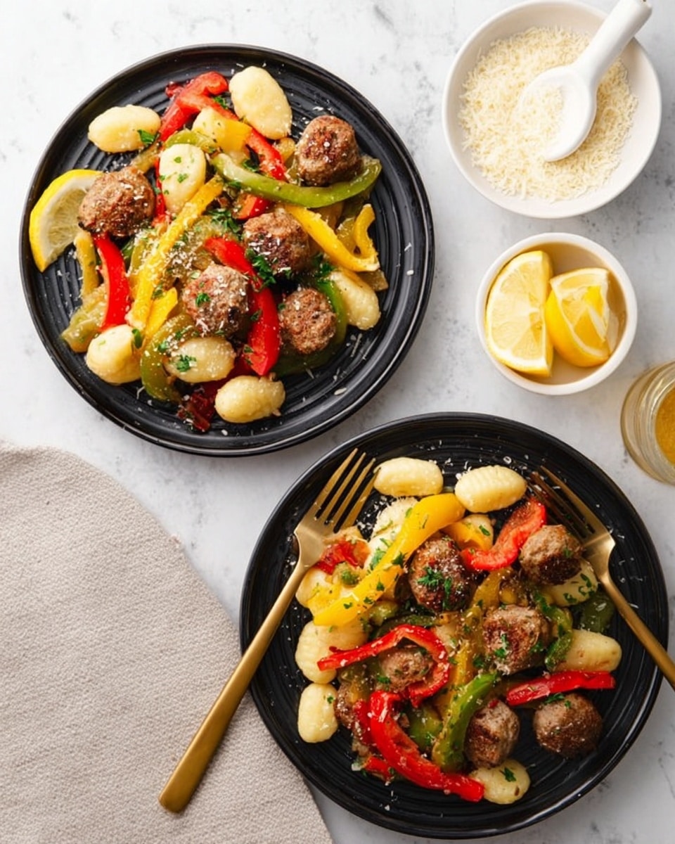 A round white plate holds a colorful mix of small gnocchi pieces, browned meatballs, and thin strips of red, yellow, and green bell peppers, along with translucent cooked onion slices. The gnocchi are golden and soft-looking, scattered evenly among the juicy, browned meatballs. Slices of fresh basil lightly top the dish, and there is a lemon wedge placed on the left edge of the plate. A gold fork rests on the right side of the plate, partially laying on the food. The plate sits on a white marbled surface. photo taken with an iphone --ar 4:5 --v 7