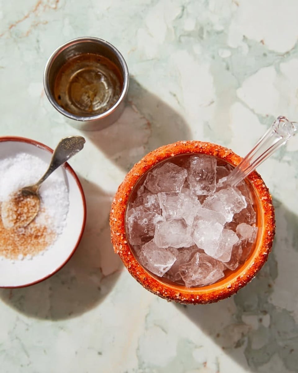 Two tall, round light brown glasses filled with clear crushed ice sit on a white marbled surface. The rim of each glass is coated with a reddish-brown chili powder, adding a rough texture. Each glass has a thin slice of bright green lime placed on the rim. Behind the glasses is a wooden board with some more lime slices. The whole scene looks cool and fresh with water droplets on the glasses. Photo taken with an iphone --ar 4:5 --v 7