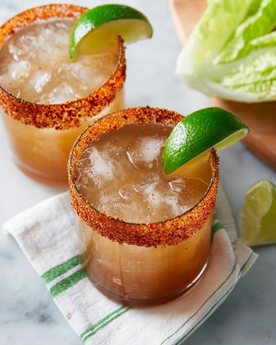 Two clear glasses filled with ice and a light brown drink are shown from above. Each glass has a thick rim coated with a chunky red and orange spice mix. One glass has a green lime wedge placed on the rim on the right side. The glasses are on a white and green striped cloth over a white marbled surface. In the background, a slice of fresh lettuce is visible on the right side. Photo taken with an iphone --ar 4:5 --v 7