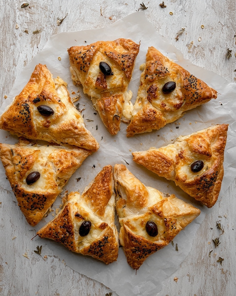 The image shows seven golden brown baked pastries arranged in a rough circle on white baking paper, placed over a white marbled surface. Each pastry is a folded triangular shape with three visible layers: a crispy outer crust dotted with black seeds, a middle layer of melted creamy cheese that peeks out unevenly, and inside pieces of a light brown filling with a slightly glossy texture. On each pastry’s center front edge, there is a small black olive slice for decoration. The pastries have a slightly shiny glaze and some toasted darker spots from baking, giving a warm, rustic look. Photo taken with an iphone --ar 4:5 --v 7