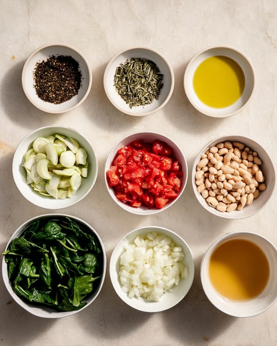 The image shows eight bowls and small dishes of different ingredients arranged neatly on a white marbled surface. There are three small dishes at the top with dark dried herbs and bright golden oil. Below them, there are four white bowls in a line: sliced pale green vegetables in the left bowl, pale beige beans in the middle bowl, diced white onions in the right bowl, and bright red chopped tomatoes in the bottom middle bowl. At the bottom left is a white bowl filled with fresh dark green leafy vegetables, and next to it at the bottom right is a white bowl with light golden broth. The image is bright with soft natural light, arranged carefully to show all ingredients clearly, photo taken with an iphone --ar 4:5 --v 7