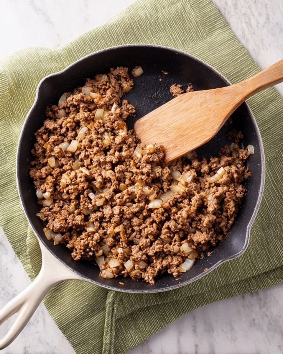 A white cast iron skillet filled with cooked brown ground meat mixed with small white and yellow pieces of onions. The meat and onion mixture forms a rough ring around the center of the skillet where some of the empty black cooking surface is visible. A long wooden spatula rests inside the skillet, its flat edge partly pushing some of the meat towards the center. The skillet is placed over a green striped cloth on a white marbled surface. Photo taken with an iphone --ar 4:5 --v 7