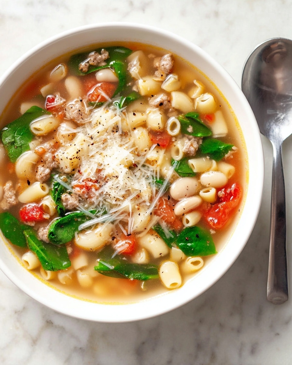 A white bowl filled with clear broth soup containing four main layers: small elbow pasta with a light yellow color, chunks of ground meat in a pale brown shade, pieces of soft white beans, and fresh green spinach leaves. Scattered throughout are red tomato pieces and small bits of white onion. The soup is topped with thin shreds of white cheese and light black pepper specks on the surface. The bowl sits on a white marbled surface with a silver spoon placed to the right side. photo taken with an iphone --ar 4:5 --v 7