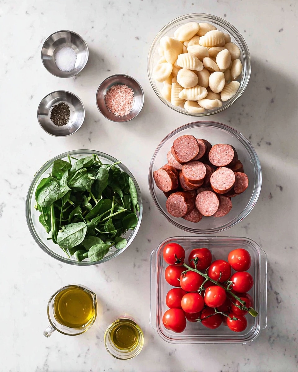 A baking tray filled with light beige gnocchi, bright red whole cherry tomatoes, dark red sausage slices, and fresh green spinach leaves scattered evenly across the tray. In the top right corner of the tray, there is a small white bowl holding three lemon wedges, pale yellow with soft texture. A golden fork with an ornate handle rests on the bottom right corner of the tray. The tray is set on a white marbled surface. photo taken with an iphone --ar 4:5 --v 7
