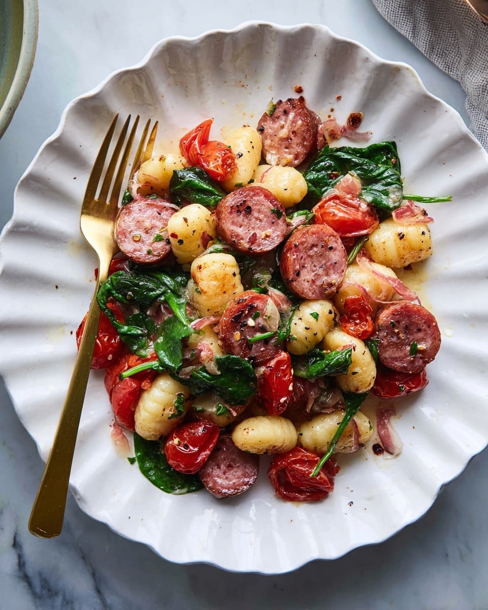 A white scalloped plate holds a colorful dish made of three main layers: light golden brown gnocchi with a slightly crisp texture, bright red roasted cherry tomatoes that look soft and juicy, and medium-thick slices of pinkish-red sausage with visible black pepper flakes. Mixed in are dark green spinach leaves that appear wilted and shiny from oil, giving a fresh contrast. The ingredients are seasoned with pepper flakes and bits of herbs, all lightly coated with olive oil. A gold fork is placed on the left side inside the plate, resting on the white marbled surface. photo taken with an iphone --ar 4:5 --v 7