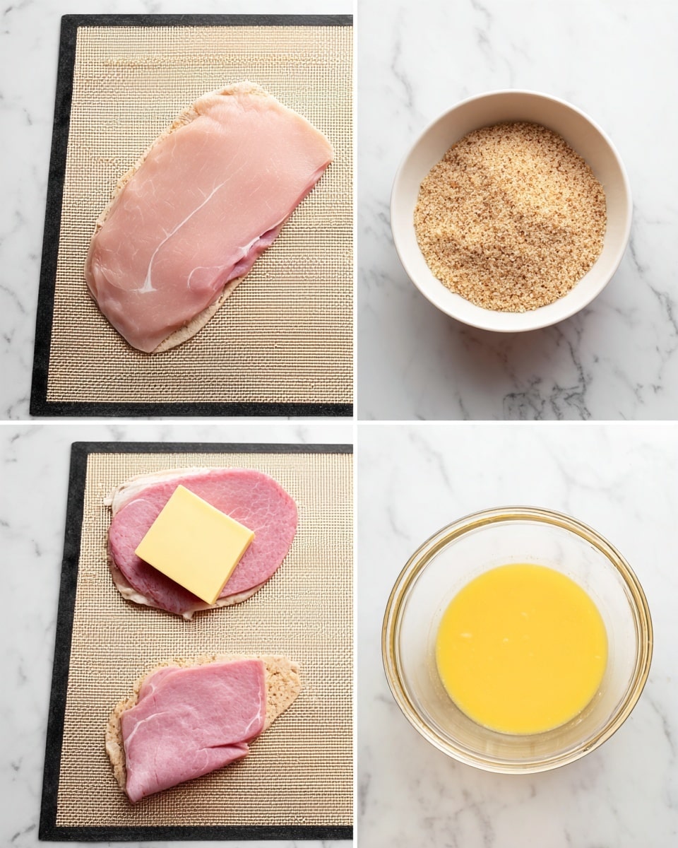 The image shows two pieces of cooked chicken roll-ups placed inside a white baking dish. Each roll-up has three main visible layers: a top layer of golden, crispy breadcrumb coating with a slightly rough texture and a light brown color, sprinkled lightly with small green herb bits; underneath, there is a thin layer of dark pink ham, curving around the inside; the bottom layer shows melted light yellow cheese peeking out, soft and creamy, slightly oozing. The dish is on a white marbled surface. The photo taken with an iphone --ar 4:5 --v 7
