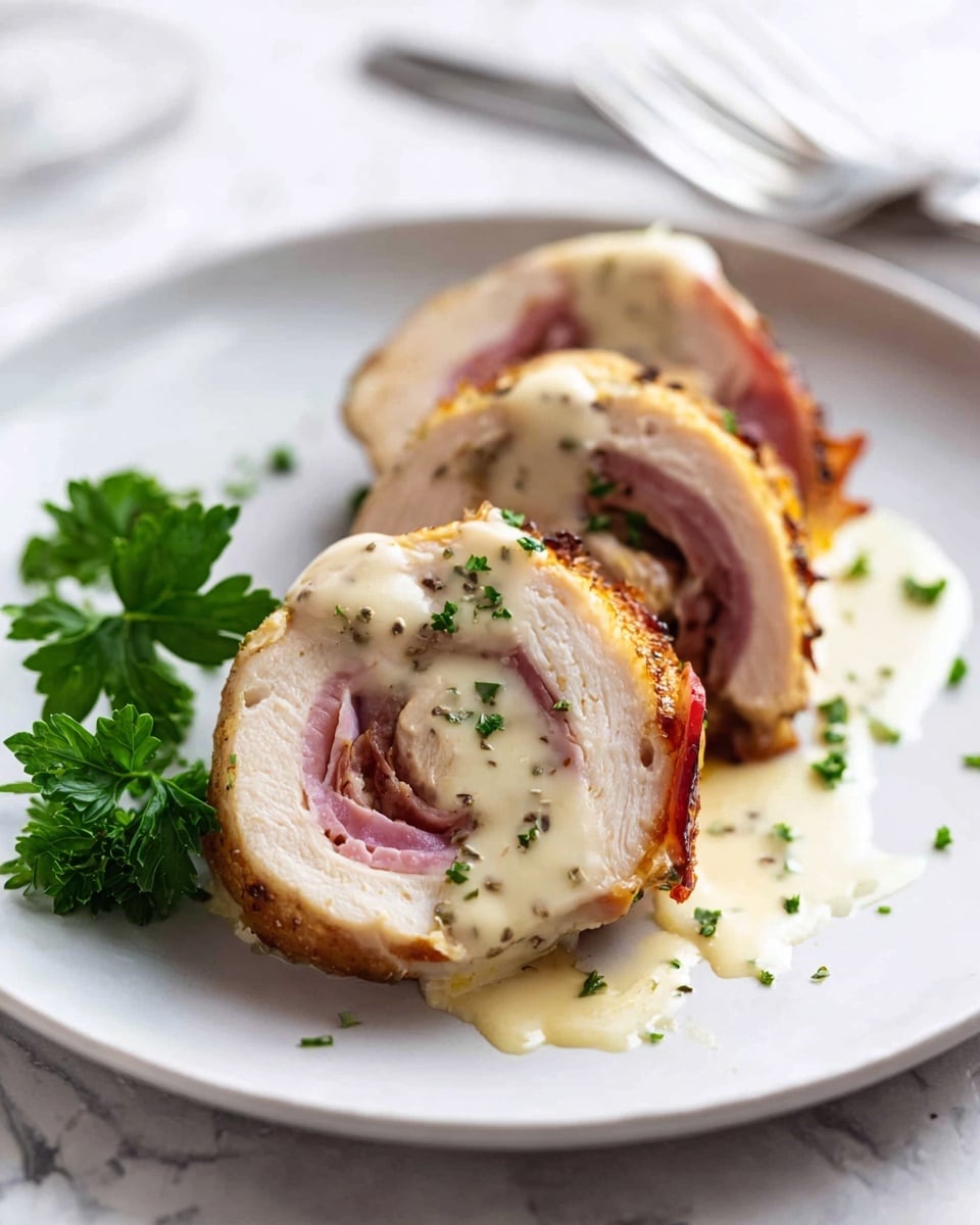 Three thick slices of rolled chicken wrapped with pink ham inside show a light golden crust on the outside and white creamy sauce drizzled over the top. The dish is garnished with small green parsley bits scattered around and a sprig of fresh parsley on the left side. The slices are placed in a line on a plain white plate resting on a white marbled surface. A fork and knife are slightly out of focus in the background to the right. photo taken with an iphone --ar 4:5 --v 7