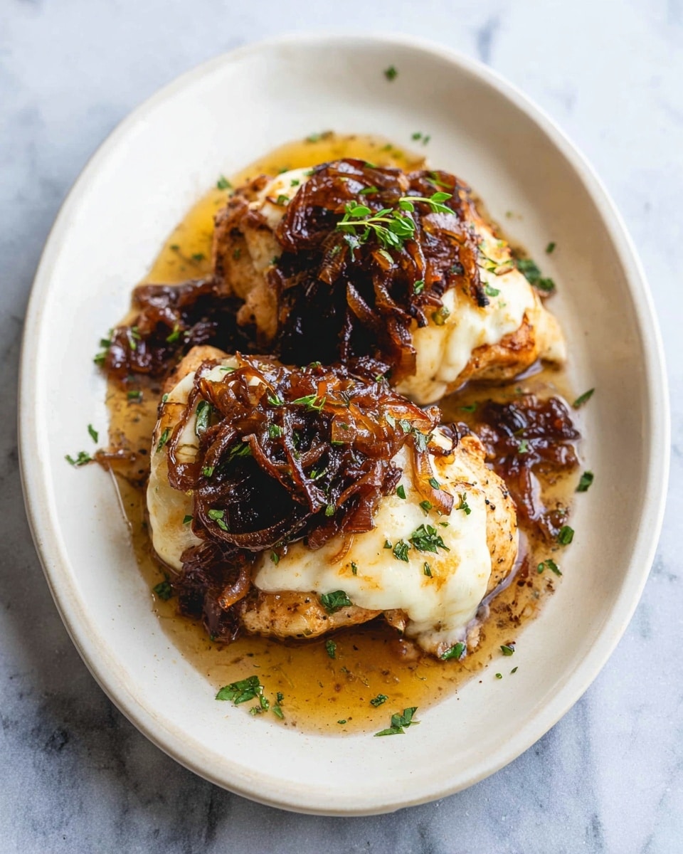 The image shows three cooked chicken pieces in a black pan filled with dark brown sauce. Each chicken piece has a creamy white melted cheese layer on top. On top of the cheese is a layer of caramelized brown onions, which adds texture and a rich look. The sauce surrounds the chicken, with small green thyme sprigs scattered around. The pan is on a white marbled surface, giving a clean and bright background contrast. The colors are warm, with a mix of white, brown, and green from the herbs. photo taken with an iphone --ar 4:5 --v 7