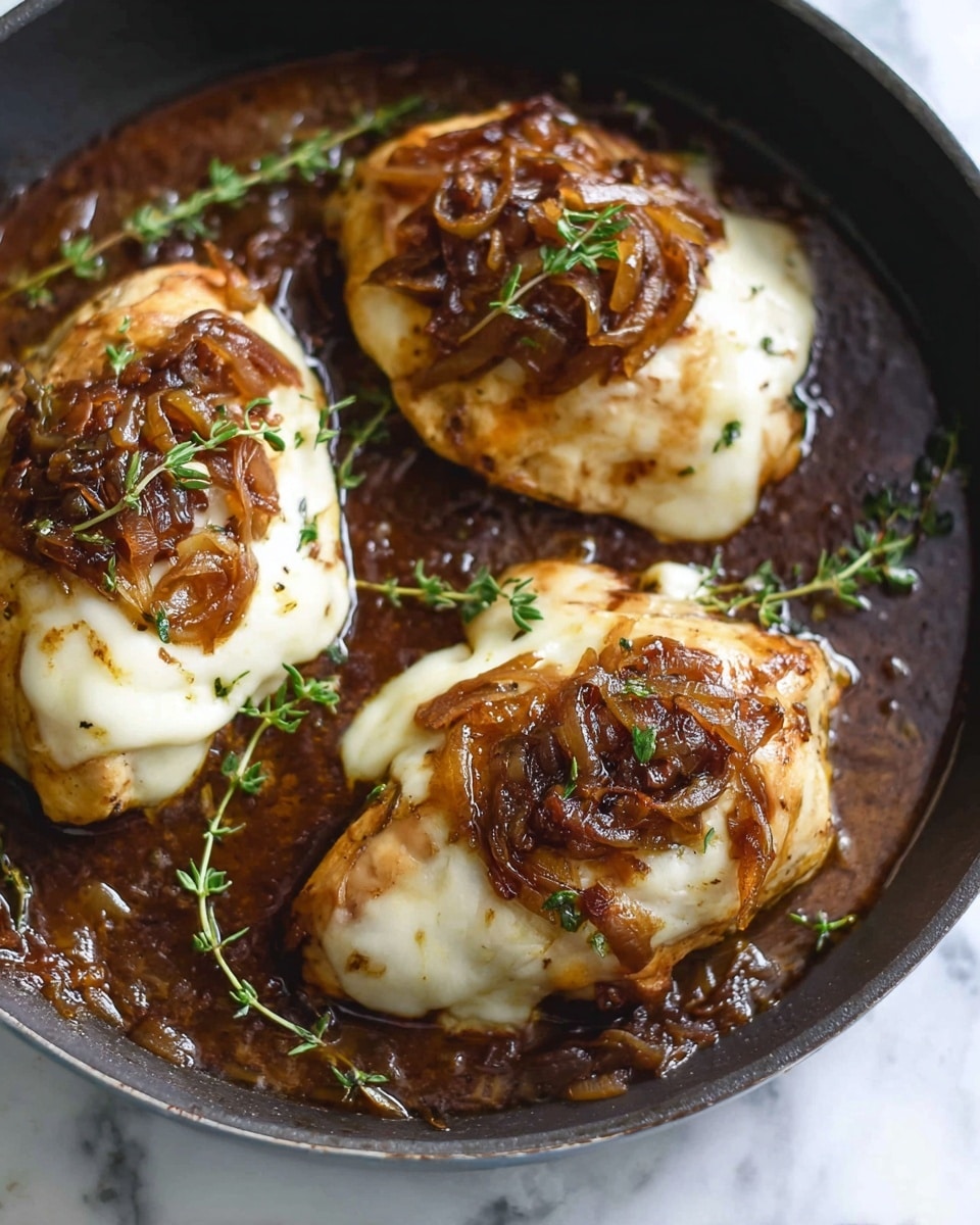 Two pieces of golden brown cooked chicken are on a white oval plate. Each piece has a layer of melted white cheese on top, with a shiny texture. On top of the cheese, there is a pile of dark caramelized onions, looking soft and glossy, with some green herb leaves scattered around. A light brown sauce with oil pools around the chicken. The plate sits on a white marbled surface. photo taken with an iphone --ar 4:5 --v 7
