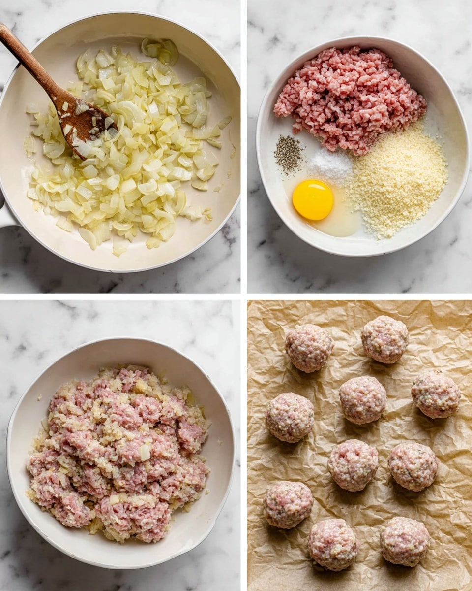 The image is divided into four sections showing the process of making meatballs. The top left shows diced onions cooking in a white pan with a wooden spoon, the onions are soft and light yellow. The top right shows a white bowl with raw ingredients: pink ground meat on the bottom right, finely chopped cooked onions on the top right, breadcrumbs on the far right, a raw egg yolk on the bottom left, and a small pile of salt and pepper near the middle. The bottom left shows the same white bowl with all the ingredients mixed into a crumbly pale pink meat mixture with bits of white onion visible. The bottom right shows small raw round meatballs spaced out on crumpled brown parchment paper on a white marbled surface. Photo taken with an iphone --ar 4:5 --v 7