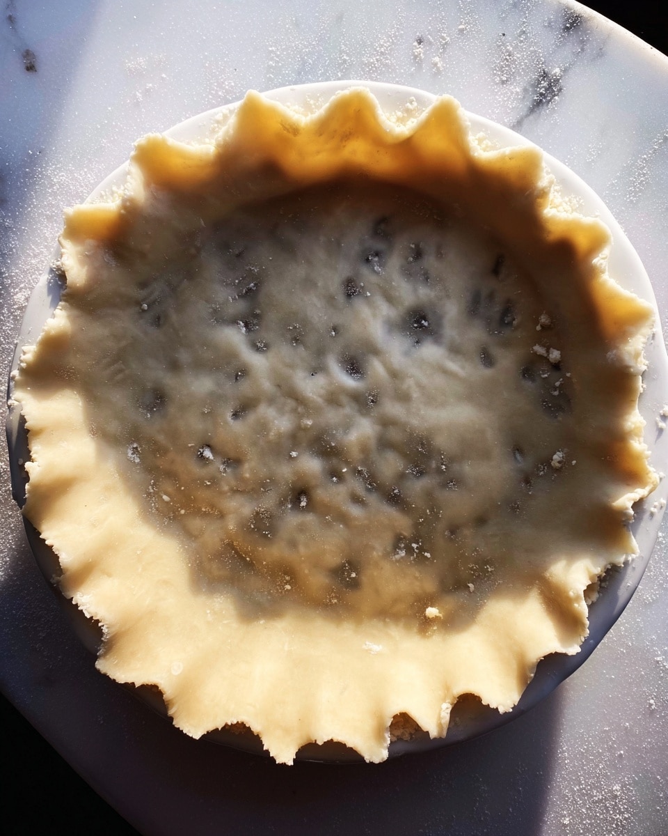 The image shows a pie crust pressed inside a white plate with a smooth and slightly uneven beige dough layer spread evenly. The edges of the dough are crimped with a rough jagged pattern all around the plate rim. The center of the dough has small holes made by a fork for ventilation and some small bits of dough are scattered on the surface. The whole plate sits on a white marbled surface. Photo taken with an iphone --ar 4:5 --v 7