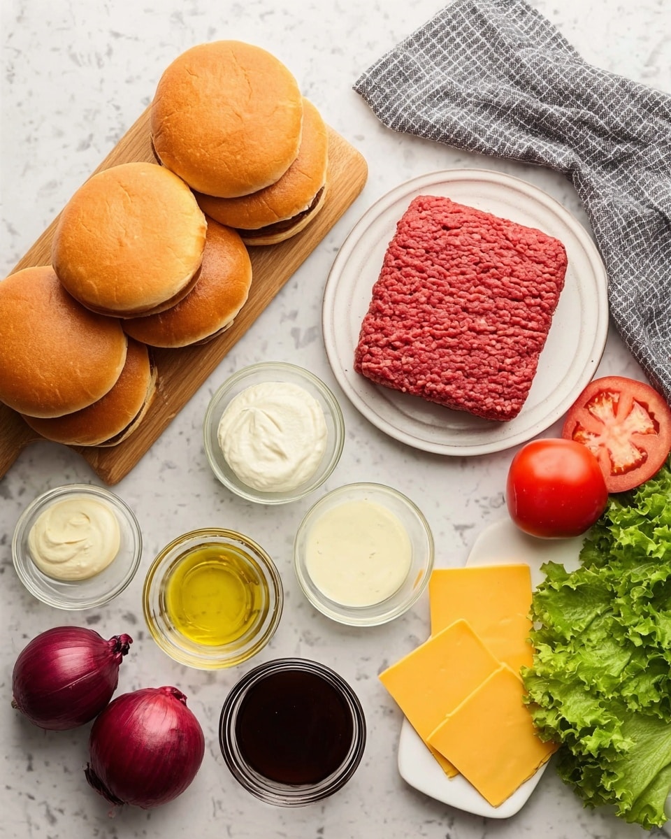 The image shows ingredients for making burgers arranged neatly on a white marbled surface. There are five golden brown sandwich buns stacked in a row on a wooden board on the left side. Next to them on the right is a white plate with a block of raw ground red beef. Below the plate are three small red onions. Above the plate, there are four small glass bowls filled with white mayonnaise, clear oil, yellow mustard, and dark brown sauce. To the right of the plate is a stack of bright yellow cheese slices and a fresh red tomato. At the bottom right corner is a bunch of green leafy lettuce. A gray and white checkered cloth is placed in the top right corner. photo taken with an iphone --ar 4:5 --v 7