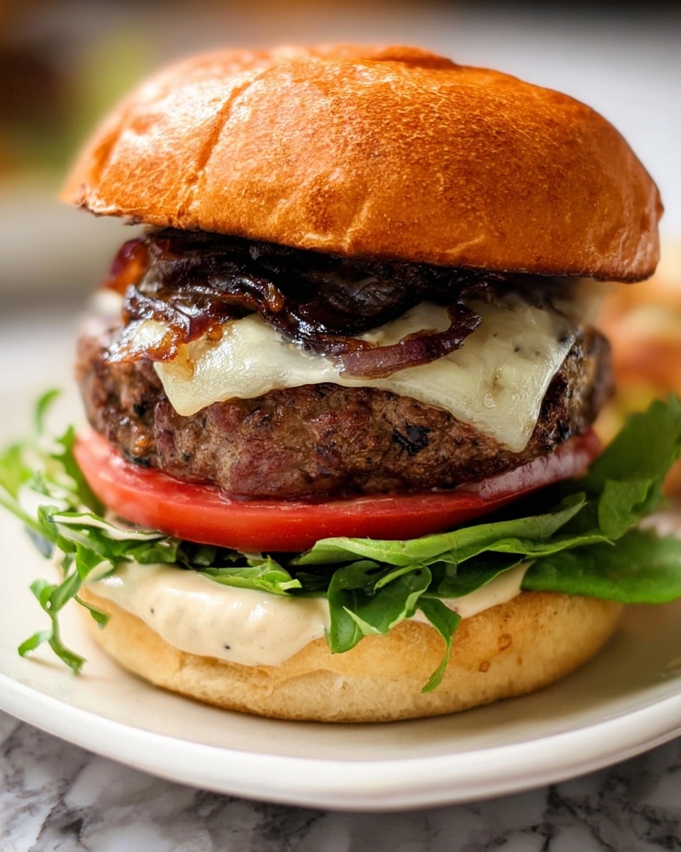 A close-up of a sandwich shows five layers from bottom to top: a lightly toasted soft bun in light golden brown, a spread of white creamy sauce, fresh green leafy lettuce with a ruffled texture, a thick slice of red tomato, a grilled brown patty with char marks, melted pale yellow cheese dripping slightly over the patty, and dark caramelized onions peeking out under a smooth, golden brown sandwich bun top. The sandwich sits on a light wooden board, with a white marbled background. Photo taken with an iphone --ar 4:5 --v 7