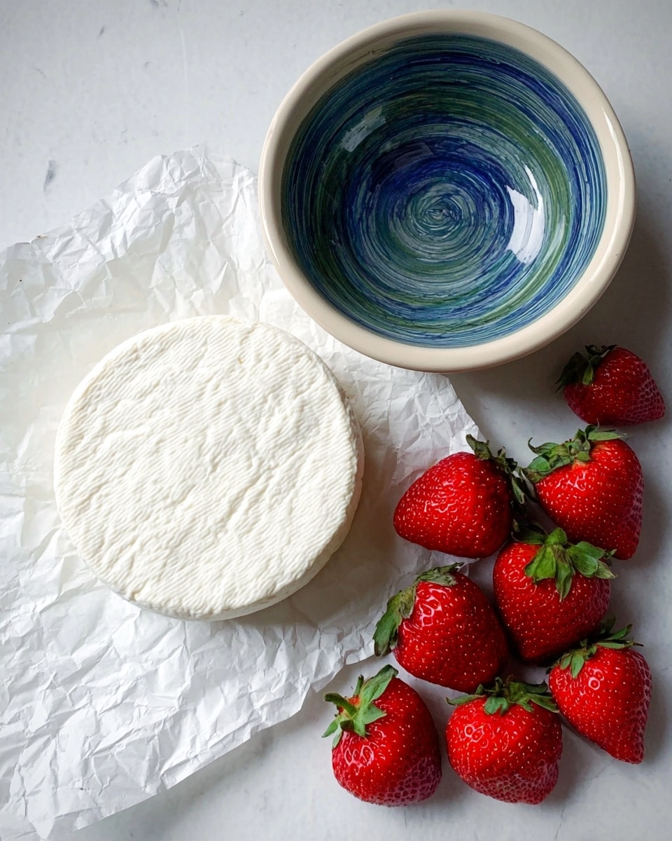 A round blue bowl on a white marbled surface holds a three-section baked dish. The left section has soft, red, glazed strawberries; the right section shows a smooth, creamy white cheese; the bottom section has melted, light yellow cheese with bits of strawberry mixed in. Around the bowl, a circle of light golden, round crackers is arranged on a white marbled surface. On the right, some whole red strawberries with green leaves rest beside the bowl. A woman's hand is dipping a cracker in the melted yellow cheese. A dark metal spatula rests near the bowl. photo taken with an iphone --ar 4:5 --v 7