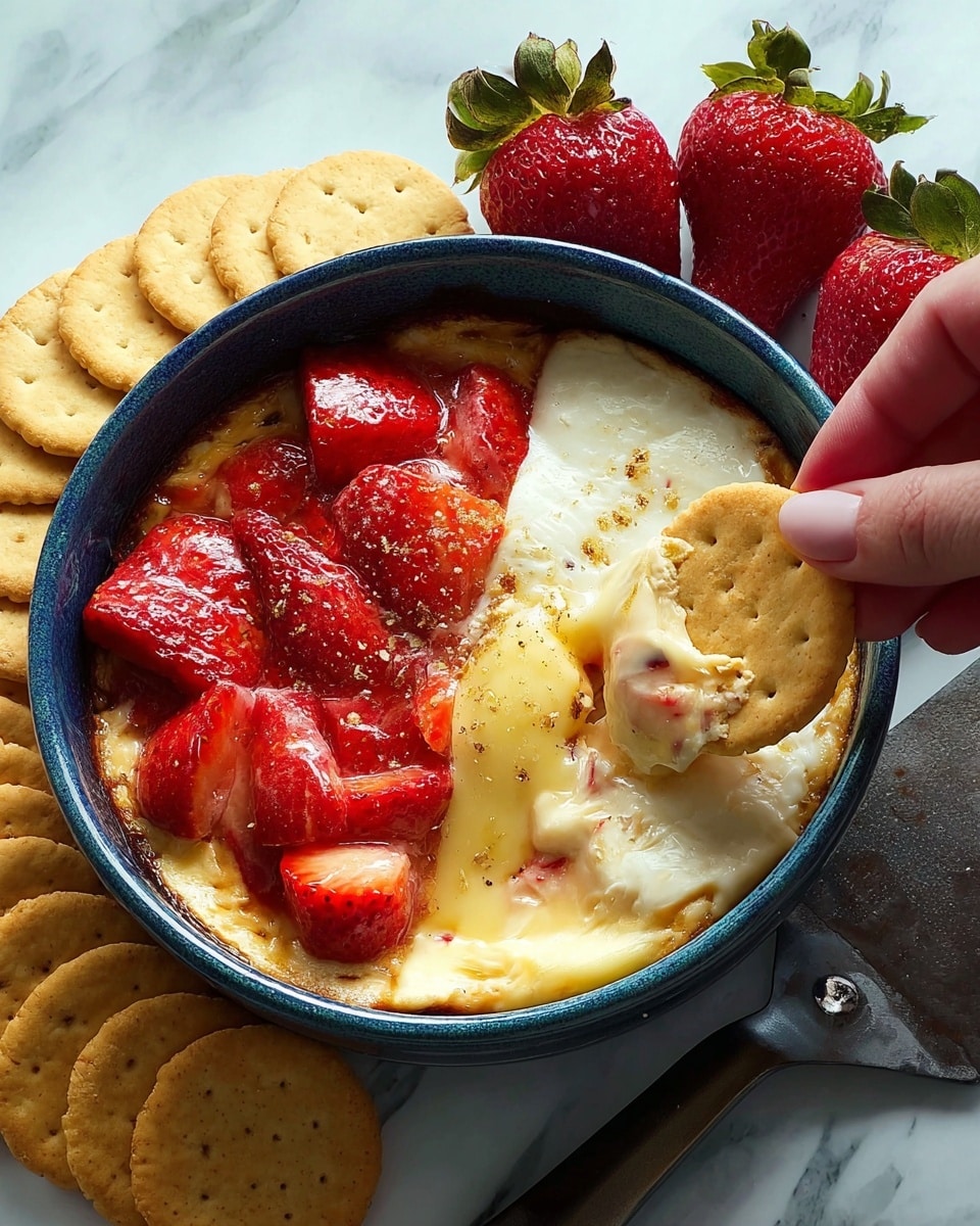 A round blue bowl filled with three layers: the bottom layer is soft melted cheese with a light golden-brown edge, the middle layer is melted cheese with a smooth texture covering the top surface, and the top layer is a generous amount of glossy, red strawberry pieces with both halves and small chunks mixed in, giving a shiny, juicy look. The bowl sits in the middle of a white plate surrounded by stacked round and oval crackers in two rows with a pale yellow color and small holes. In the background, some fresh whole strawberries with green leaves add extra color, all placed on a white marbled surface. photo taken with an iphone --ar 4:5 --v 7