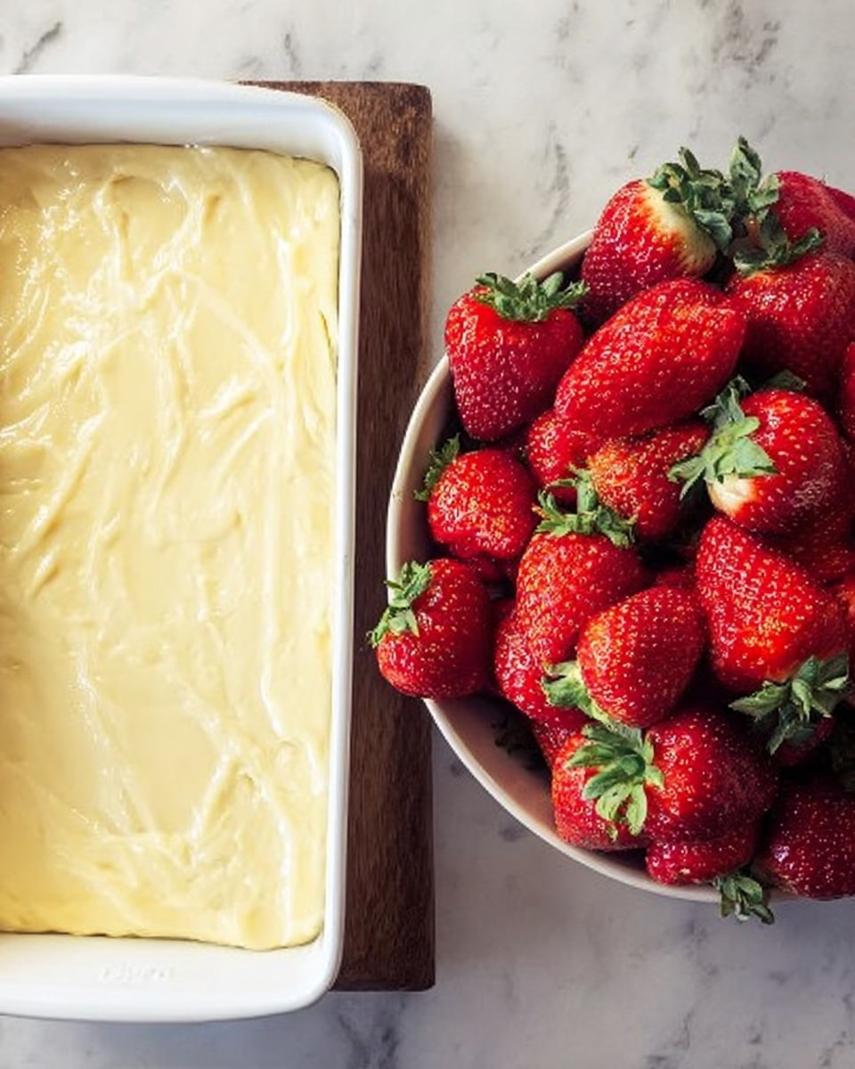 The image shows two parts side by side on a white marbled surface. On the left, there is a white rectangular baking tray filled with a smooth, pale yellow creamy layer that covers the base evenly, slightly textured on top. On the right, a white bowl filled with bright red strawberries with fresh green leaves still attached is placed next to the tray, the strawberries looking fresh and glossy. photo taken with an iphone --ar 4:5 --v 7