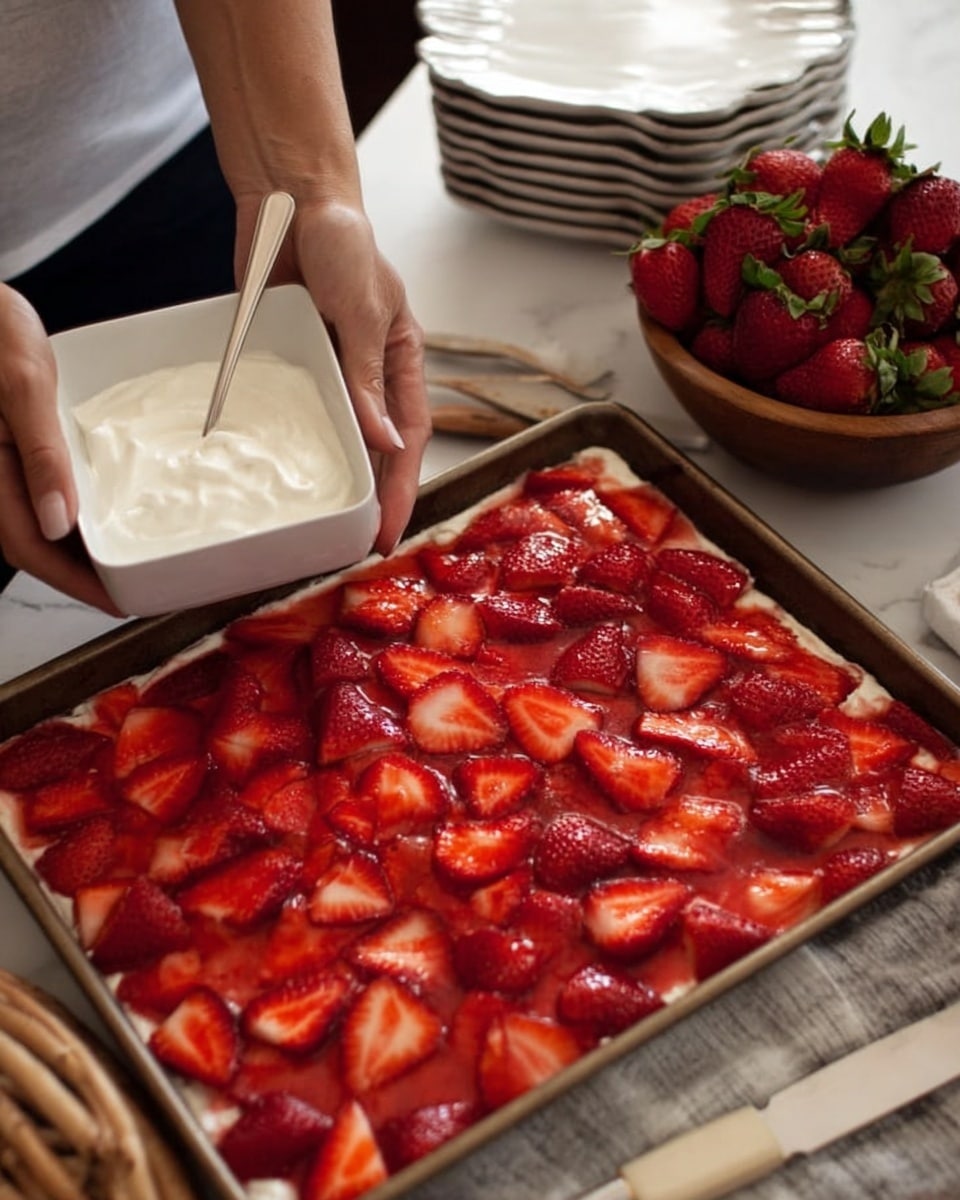 The image shows a square tart with three clear layers. The bottom layer is a golden-brown crust with a crumbly texture, filling the entire base. The middle layer is a pale cream filling, smooth and evenly spread over the crust. The top layer is made of many bright red strawberry slices, placed closely and slightly overlapping, covering the whole surface. A shiny red glaze coats the strawberries, giving them a fresh and glossy look. The tart is set against a white marbled surface. photo taken with an iphone --ar 4:5 --v 7