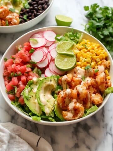 Shrimp Burrito Bowl with Cilantro Lime Coconut Rice and Spicy Sriracha Sauce Recipe