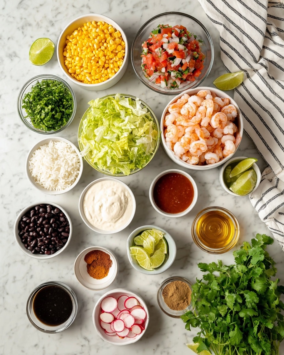 A white bowl filled with five layers: at the bottom, green leafy lettuce; on the left side, bright yellow corn and black beans; next to it, fresh diced red tomatoes mixed with white onions and green herbs; on the right, several cooked orange shrimp; and in the top middle, thick slices of green avocado. All layers are topped with a light pink creamy sauce and garnished with chopped green herbs. The bowl is on a white marbled surface. Photo taken with an iphone --ar 4:5 --v 7