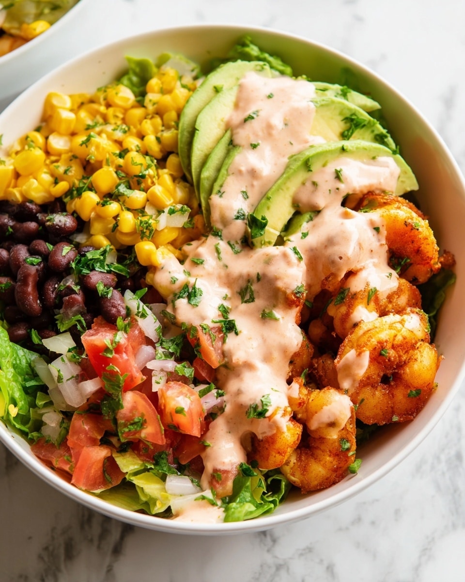This dish is a white bowl filled with shrimp dinner. From left to right, the first layer shows diced red tomatoes mixed with chopped green onion. Next to it, thin slices of white and pink radish sit above a bed of green lettuce leaves. Above this is a layer of sliced green avocado. There are black beans beside the avocado, and next to the beans is a pile of yellow corn kernels. On the far right are seasoned cooked shrimp with a light sauce drizzled over all the ingredients. Two lime wedges sit on top near the shrimp. The bowl is placed on a white marbled surface with a cloth and fresh green herbs nearby. Photo taken with an iphone --ar 4:5 --v 7