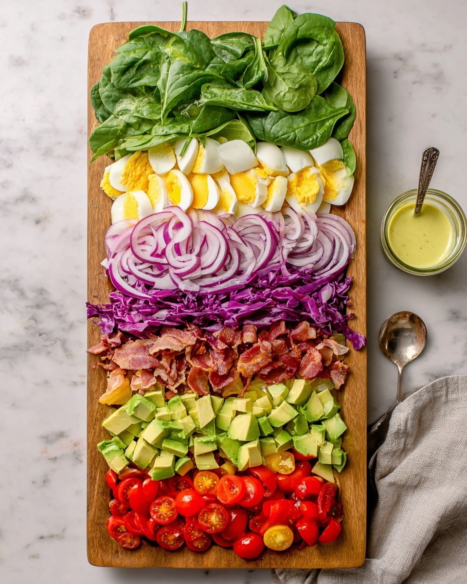 A close-up shows a fork holding a colorful bite of salad with layers including green spinach leaves at the bottom, bright purple cabbage, a piece of avocado, chunks of white egg, and small bits of red tomato, all lightly sprinkled with black pepper. In the background, there is a white plate full of the salad with more spinach, purple cabbage, tomato halves, and slices of boiled egg, placed on a white marbled texture surface. The scene is softly lit, highlighting the fresh textures and vibrant colors, with a wooden pepper grinder blurred in the distant background. Photo taken with an iphone --ar 4:5 --v 7