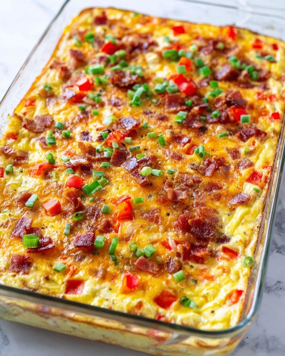 A square piece of egg casserole sits in the middle of a white round plate with a dotted pattern around the edge. The casserole has three visible layers: a soft yellow egg base with small bits of green and red vegetables mixed in, a middle layer showing cooked bacon pieces adding a reddish-brown color and chewy texture, and a top layer sprinkled with bright red diced bell peppers and chopped green onions, adding fresh, colorful pops. Small green onion pieces are scattered around the plate. A silver fork with a twisted handle rests near the top edge of the plate. The whole scene is set on a white marbled surface. photo taken with an iphone --ar 4:5 --v 7