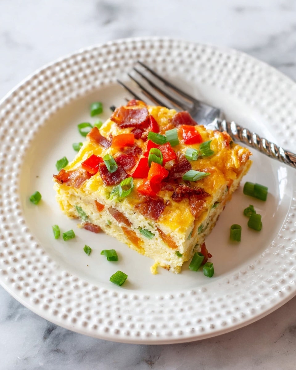 A rectangular glass dish filled with a baked egg casserole showing three main layers: a bottom light yellow egg layer with a smooth texture, a middle layer with small cubes of red bell peppers and chopped cooked bacon pieces, and a top melted cheese layer with scattered green onion slices and more red bell pepper pieces. The casserole surface has a golden-brown baked texture with crispy bacon bits and vibrant green onions sprinkled evenly. The dish is placed on a white marbled surface. Photo taken with an iphone --ar 4:5 --v 7