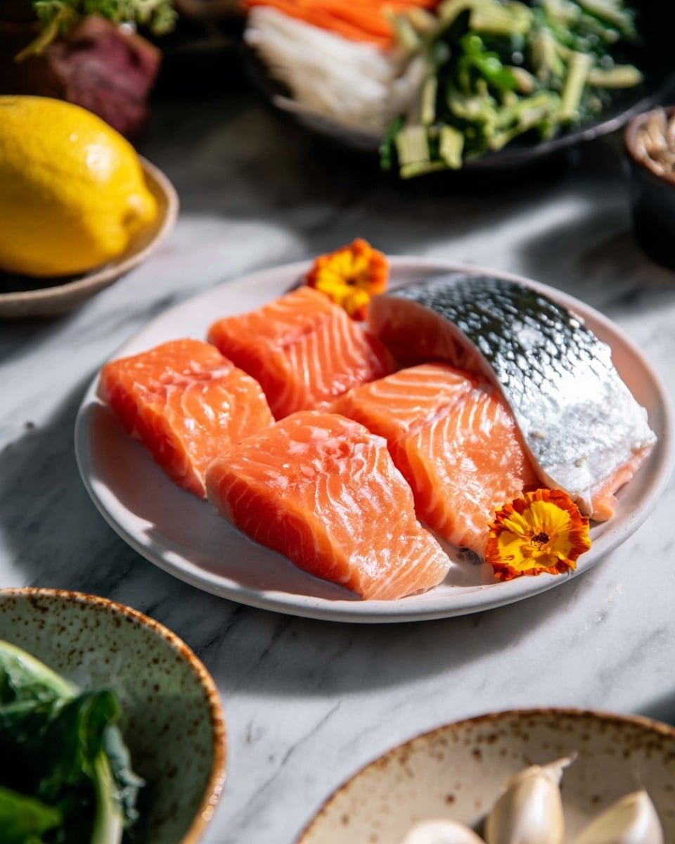 A white plate holds five pieces of raw salmon arranged with skin side up on one piece showing shiny, silvery scales, while the rest show a bright orange flesh with smooth texture and light white lines. Two small orange and yellow flowers decorate the salmon. Around the plate, there are blurred items including a lemon on a saucer, a small white bowl with green and orange vegetables, some green leafy vegetables on a beige-speckled plate, and halved garlic cloves resting in a small white bowl, all placed on a white marbled surface. The photo taken with an iphone --ar 4:5 --v 7