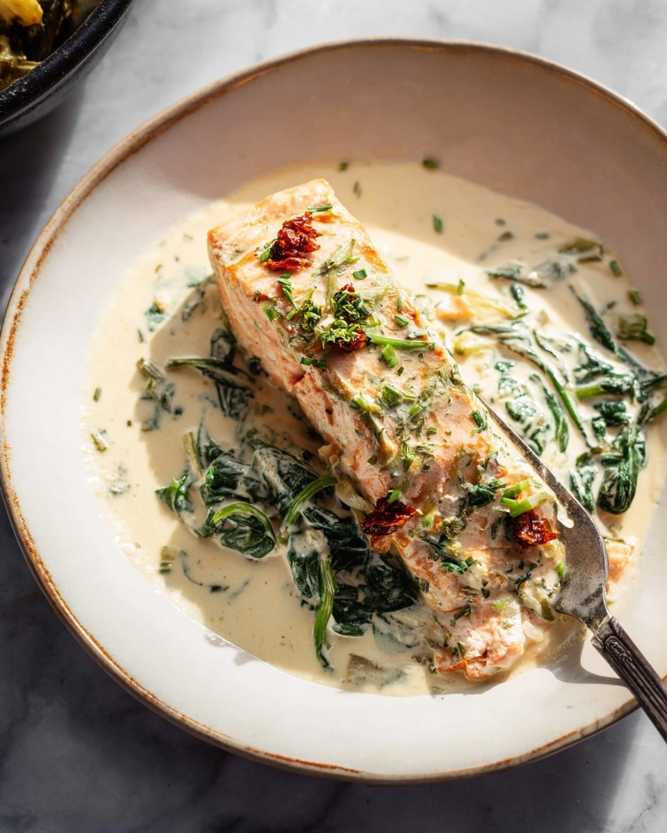 A white pan filled with four cooked salmon fillets laid side by side, each fillet light orange with a slightly browned surface and sprinkled with fresh green dill and herbs; the fillets rest in a creamy white sauce with visible pieces of green spinach and mushrooms mixed in, the sauce showing a smooth and rich texture with shiny spots of melted butter on top; a metal spoon is partially submerged in the sauce on the right side of the pan, and the whole scene is set on a white marbled texture with warm soft lighting highlighting the dish; photo taken with an iphone --ar 4:5 --v 7