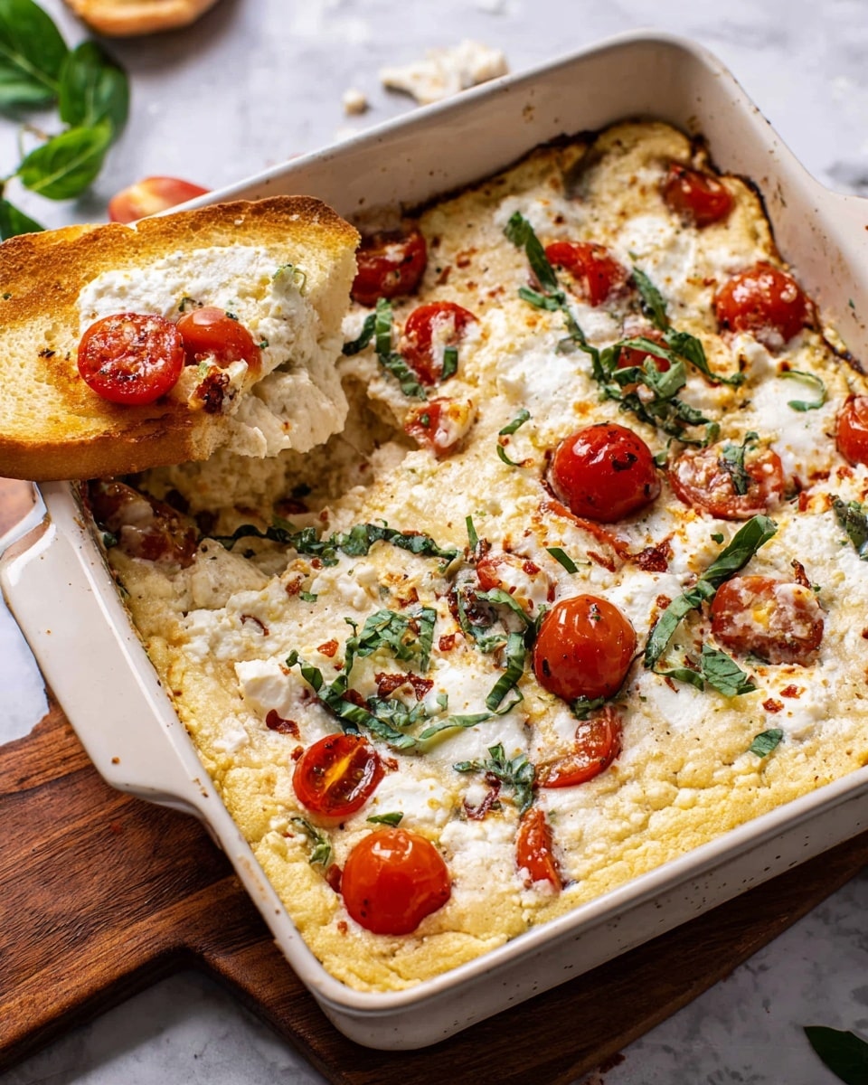 The image shows a white square baking dish filled with a baked casserole. The bottom layer is a golden, creamy, and slightly browned base with a rough texture. On top, there are melted white cheese patches mixed with lightly browned spots, scattered halved cherry tomatoes showing bright red flesh, and fresh green herb leaves spread over the surface. One corner of the dish holds a piece of golden toasted bread with melted white cheese and a cherry tomato on top. The dish sits on a wooden board that rests on a white marbled surface with some green leaves nearby. Photo taken with an iphone --ar 4:5 --v 7
