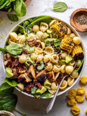 Pesto Chicken, Corn, and Avocado Bacon Pasta Salad Recipe